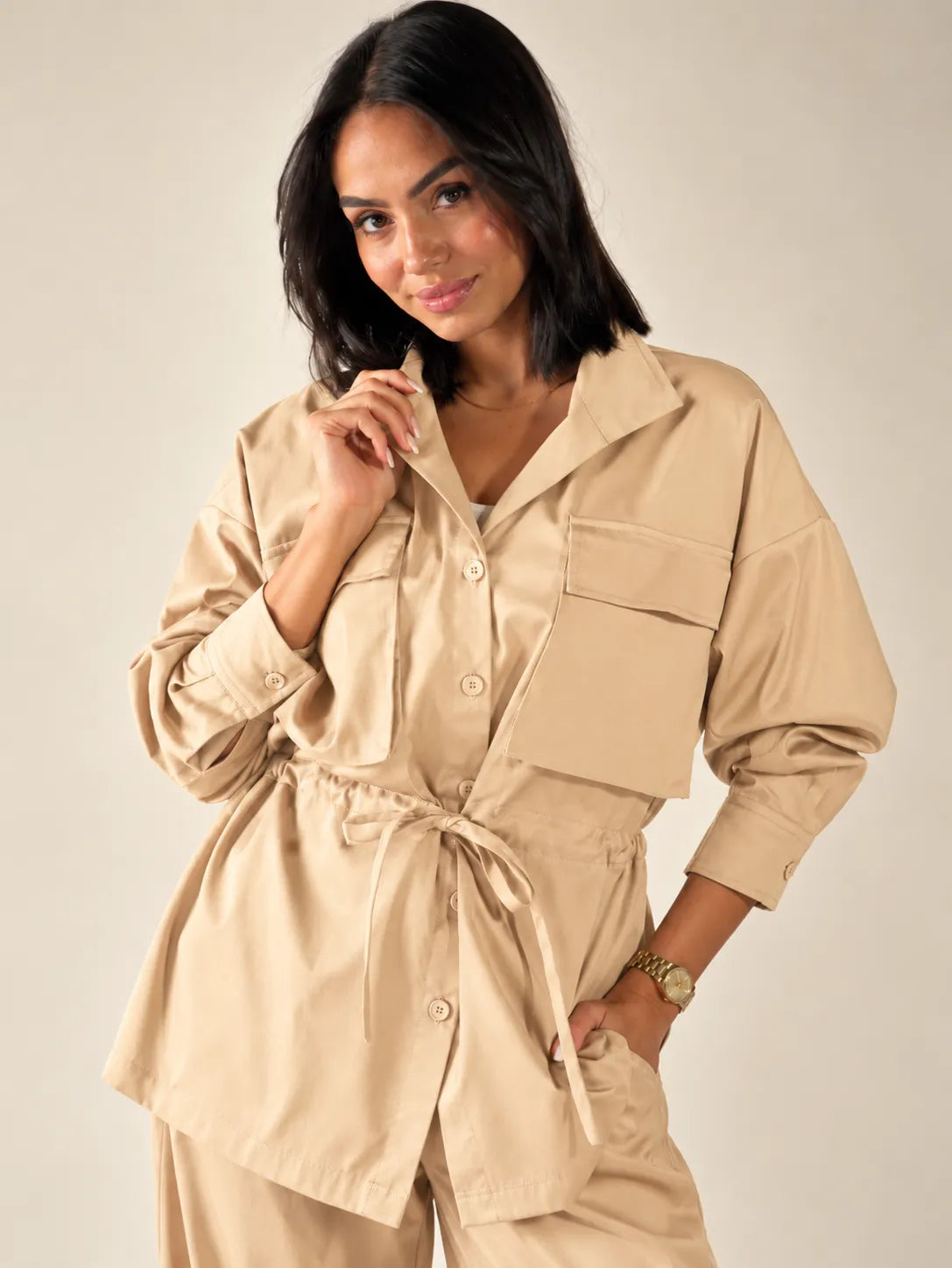 Beige Tie-Waist Pockets Set