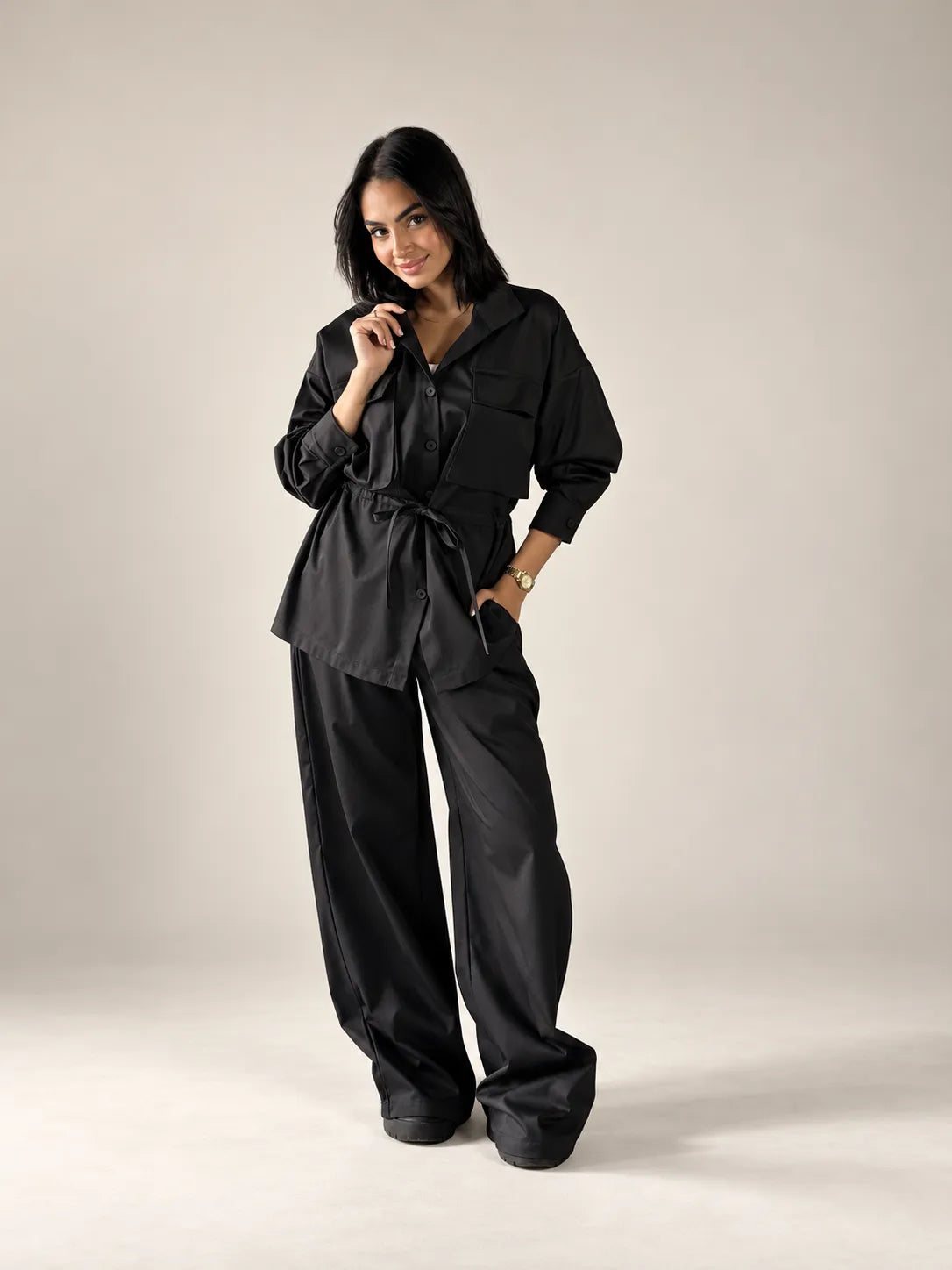 Black Tie-Waist Pockets Set