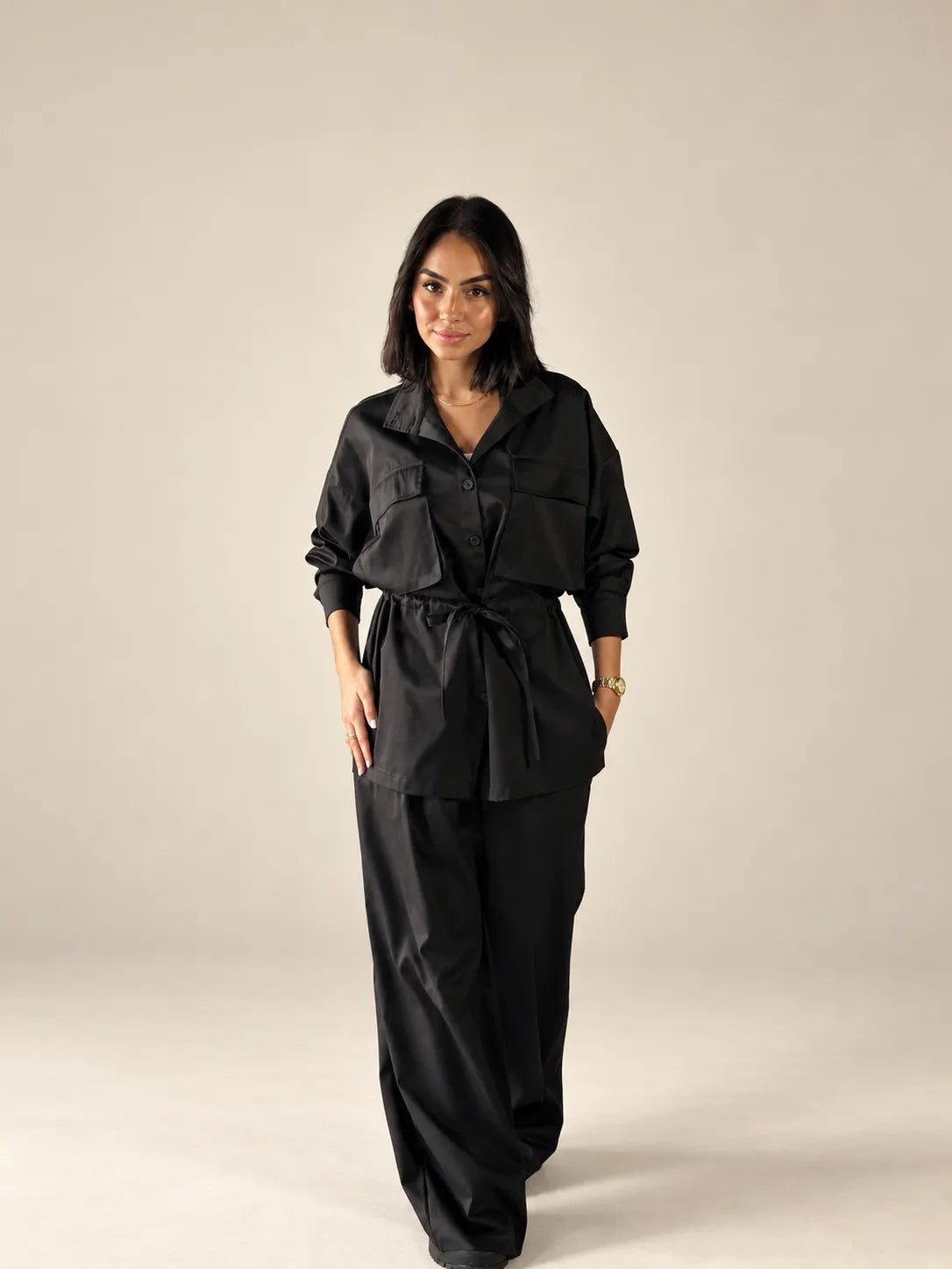 Black Tie-Waist Pockets Set