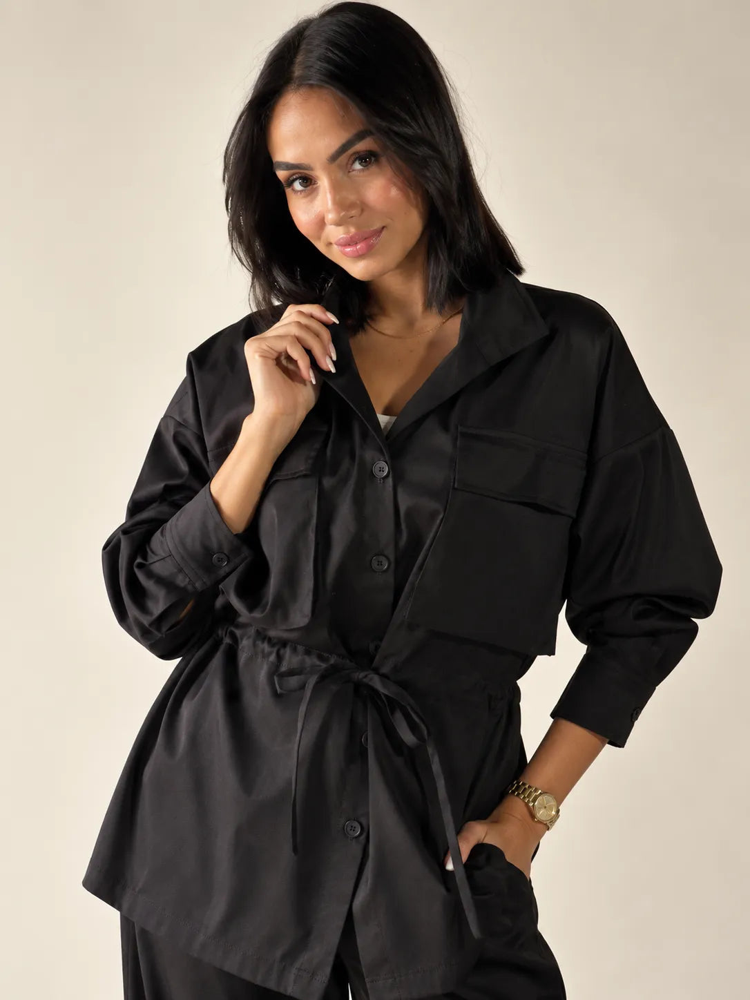 Black Tie-Waist Pockets Set