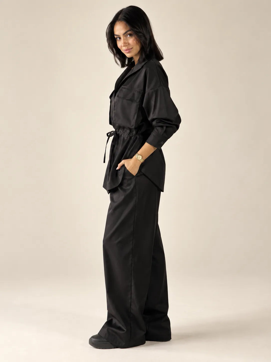 Black Tie-Waist Pockets Set