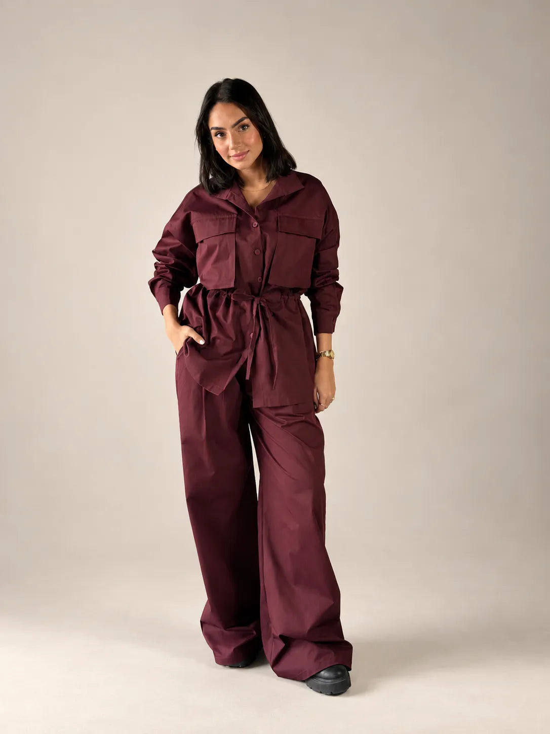 Burgundy Tie-Waist Pockets Set
