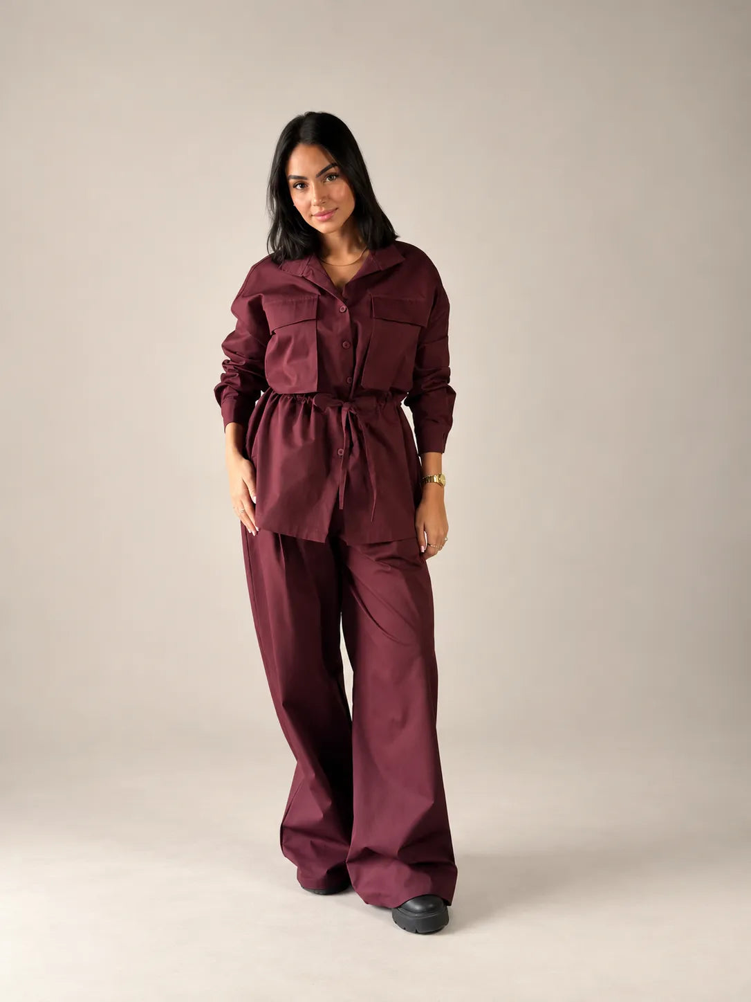 Burgundy Tie-Waist Pockets Set