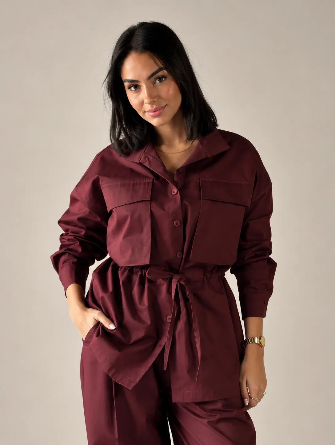 Burgundy Tie-Waist Pockets Set