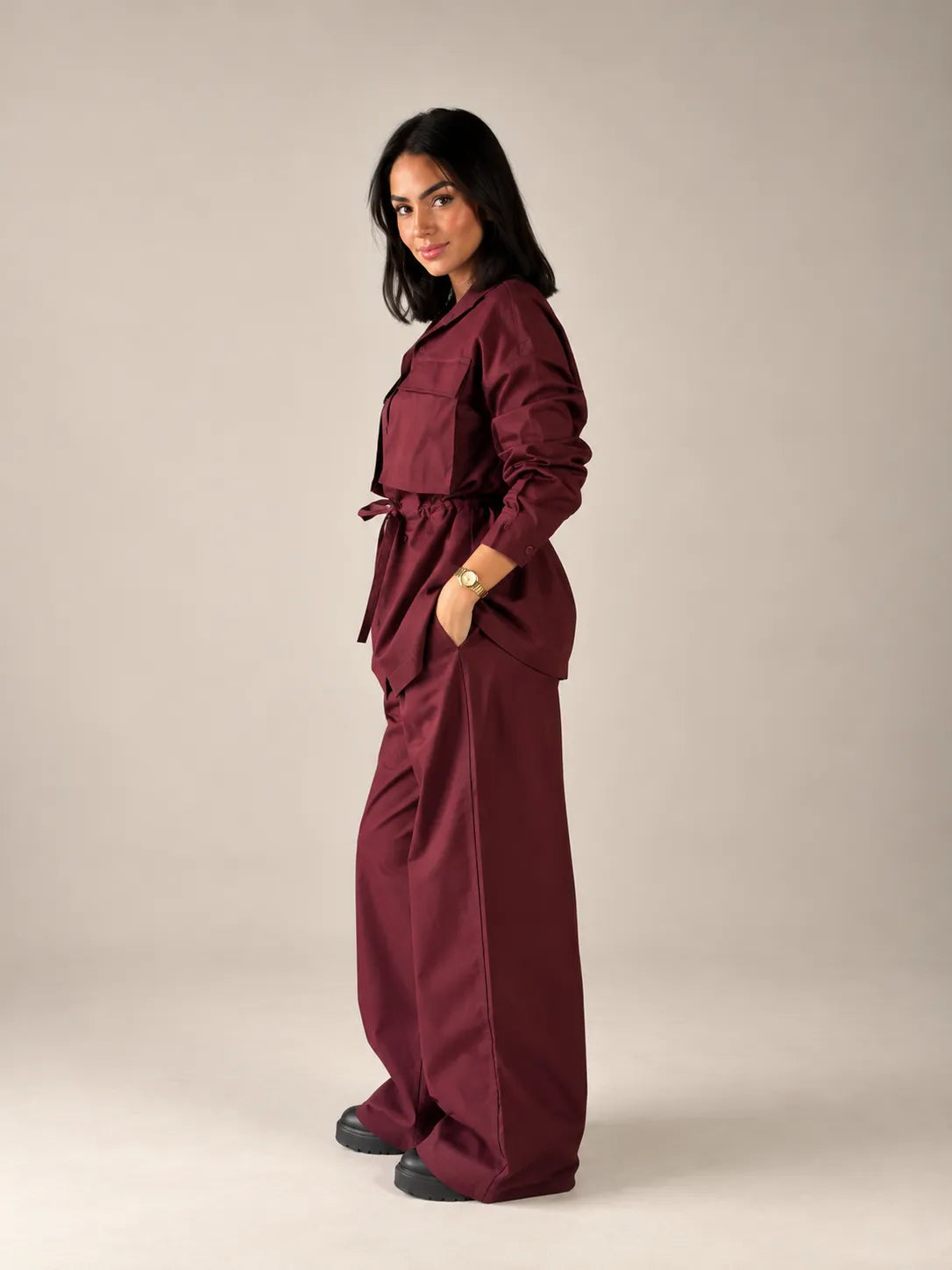 Burgundy Tie-Waist Pockets Set
