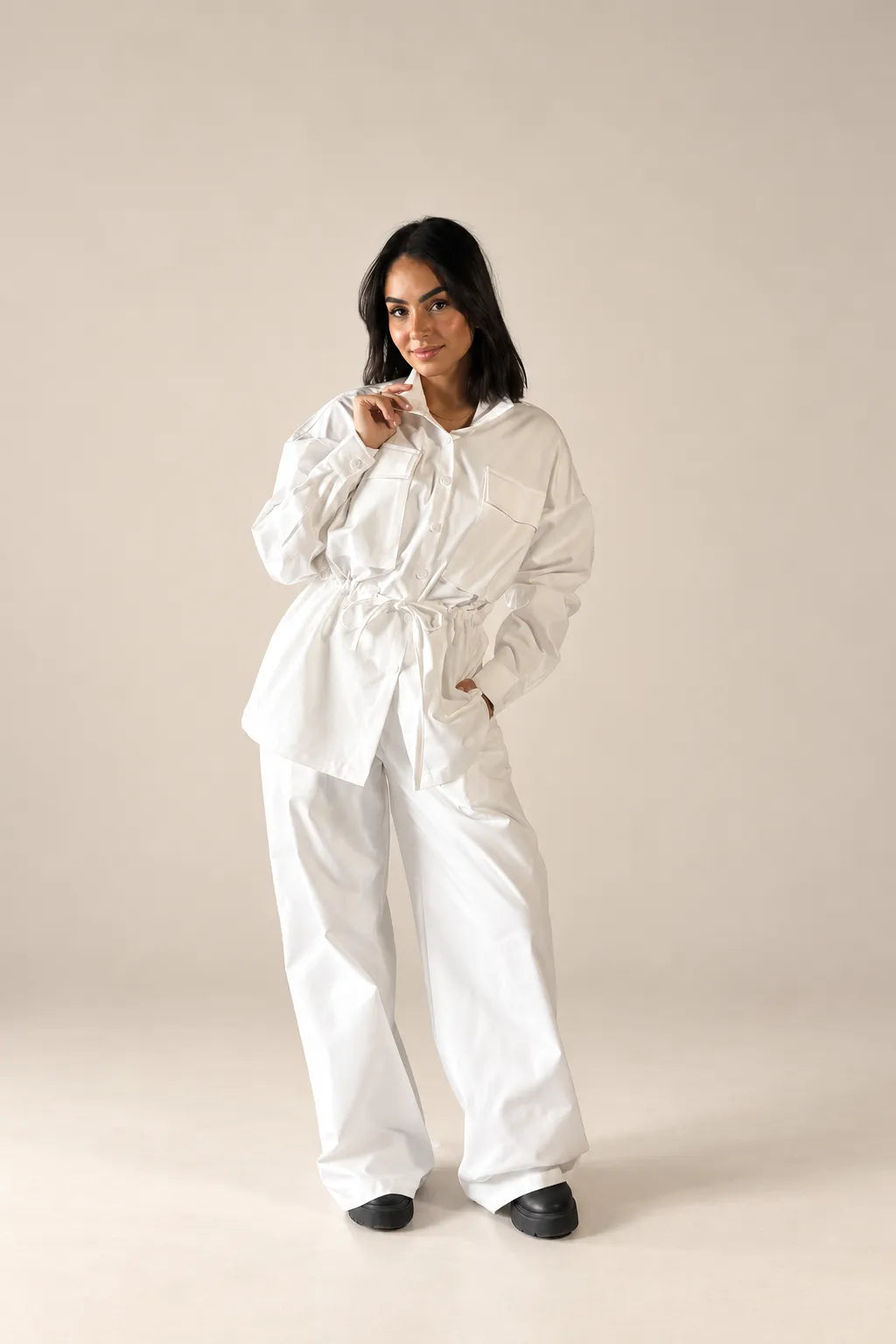 White Tie-Waist Pockets Set