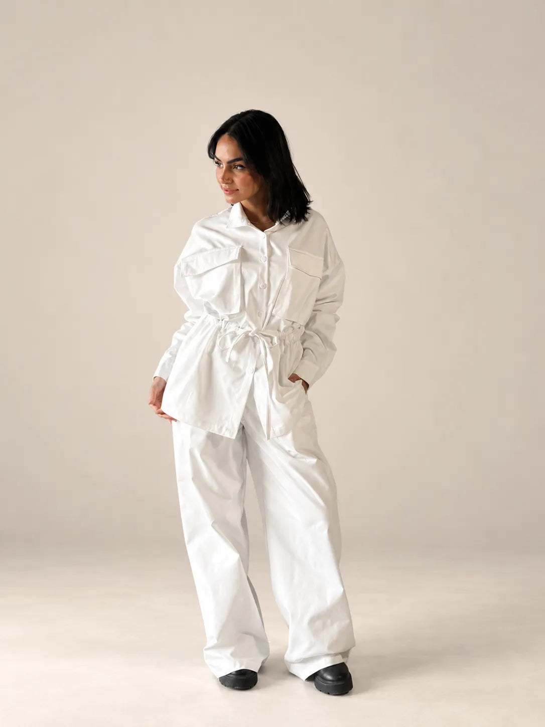 White Tie-Waist Pockets Set