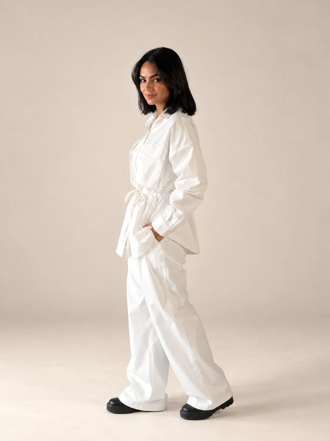 White Tie-Waist Pockets Set