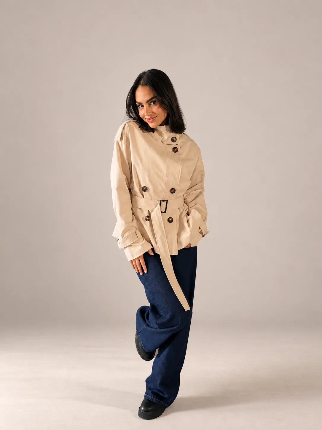 Beige Belted Gabardine Jacket