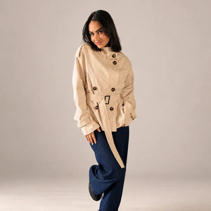 Beige Belted Gabardine Jacket