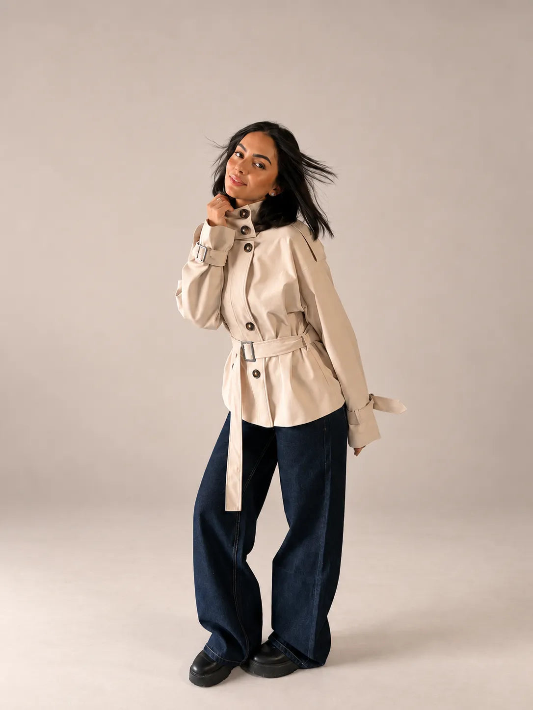 Beige Belted Gabardine Jacket