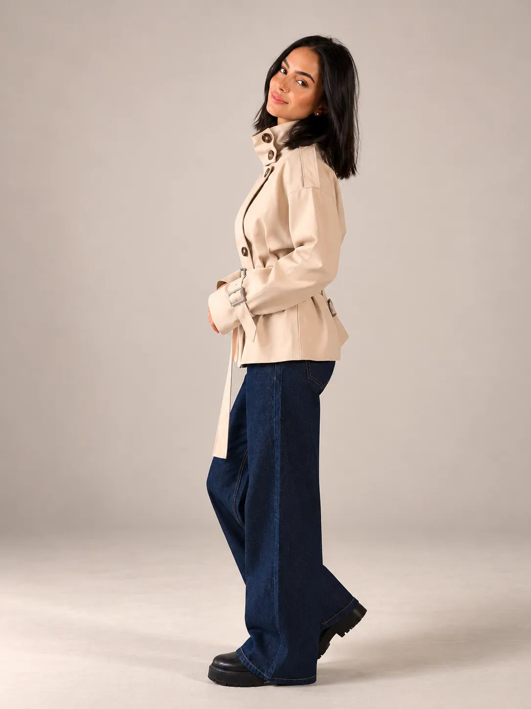 Beige Belted Gabardine Jacket