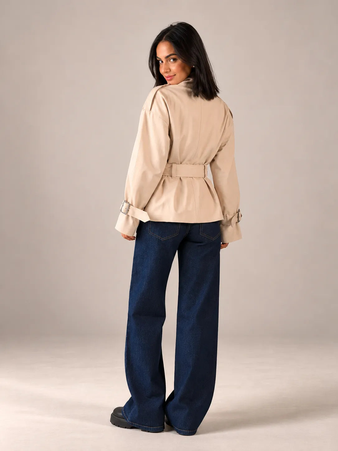 Beige Belted Gabardine Jacket