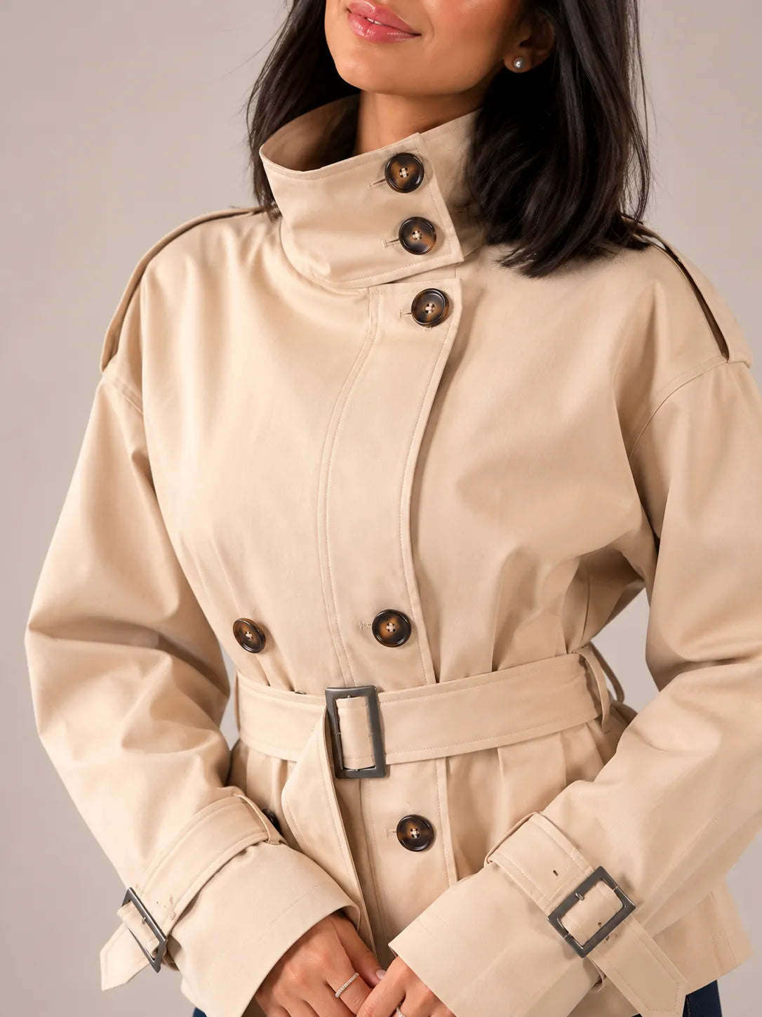 Beige Belted Gabardine Jacket