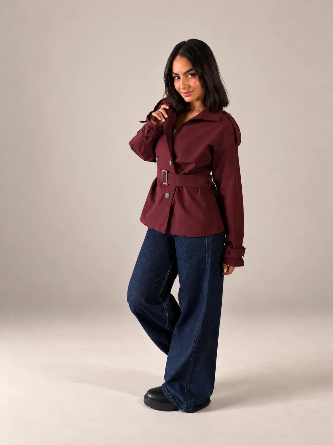 Burgundy Belted Gabardine Jacket