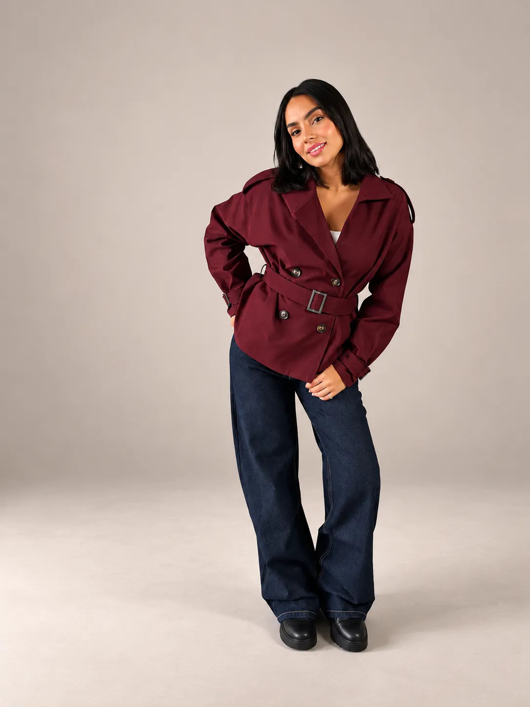 Burgundy Belted Gabardine Jacket