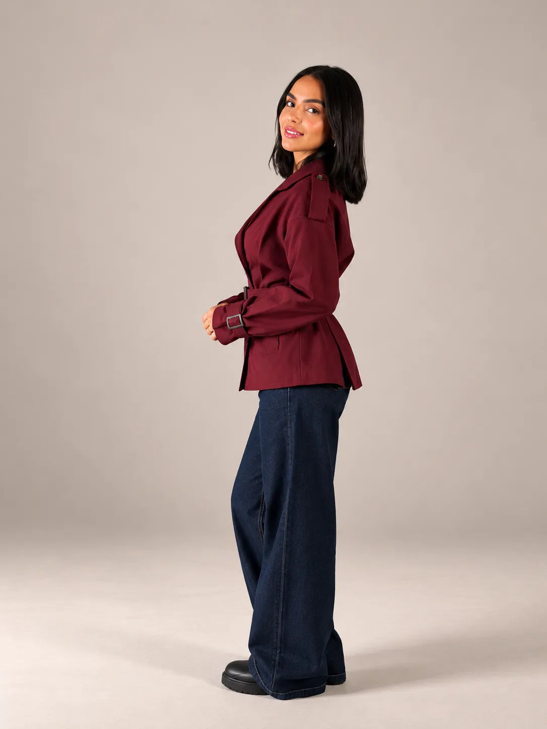 Burgundy Belted Gabardine Jacket