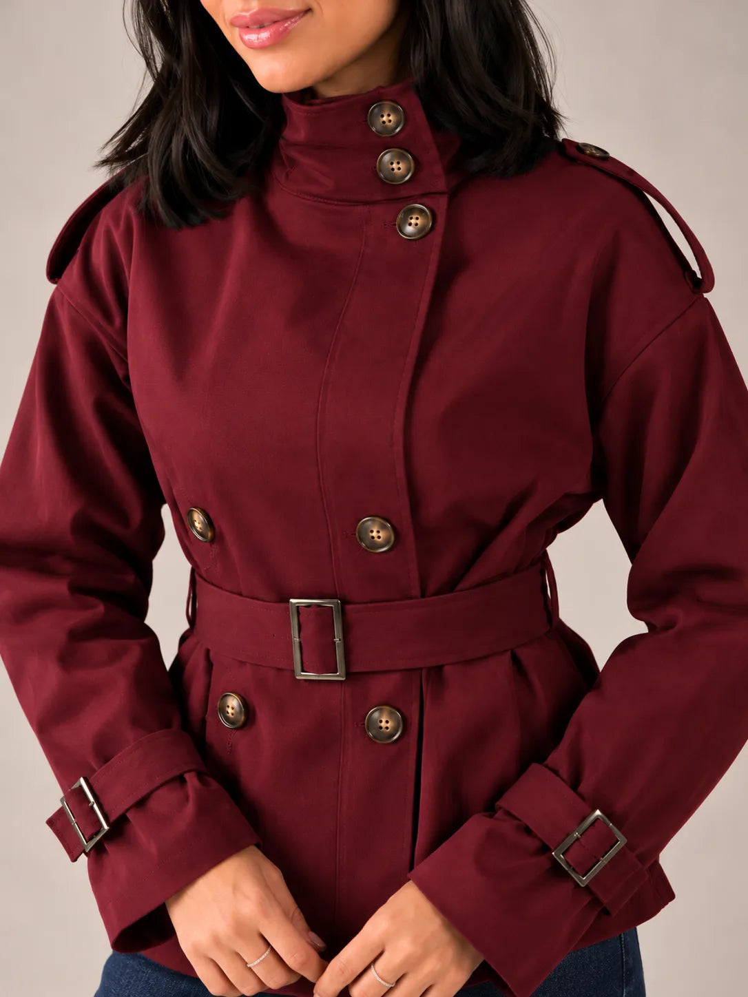 Burgundy Belted Gabardine Jacket