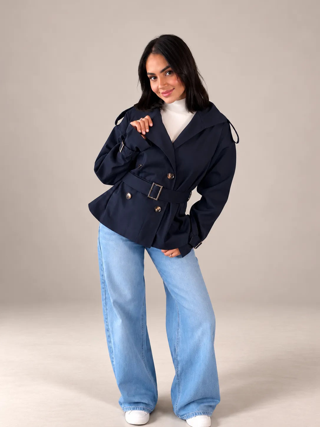 Navy Belted Gabardine Jacket