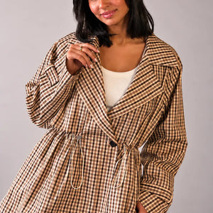 Beige Checkered Drawstring Trench Jacket