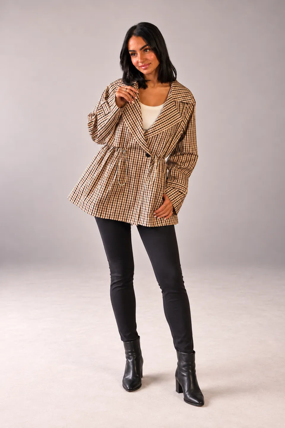 Beige Checkered Drawstring Trench Jacket