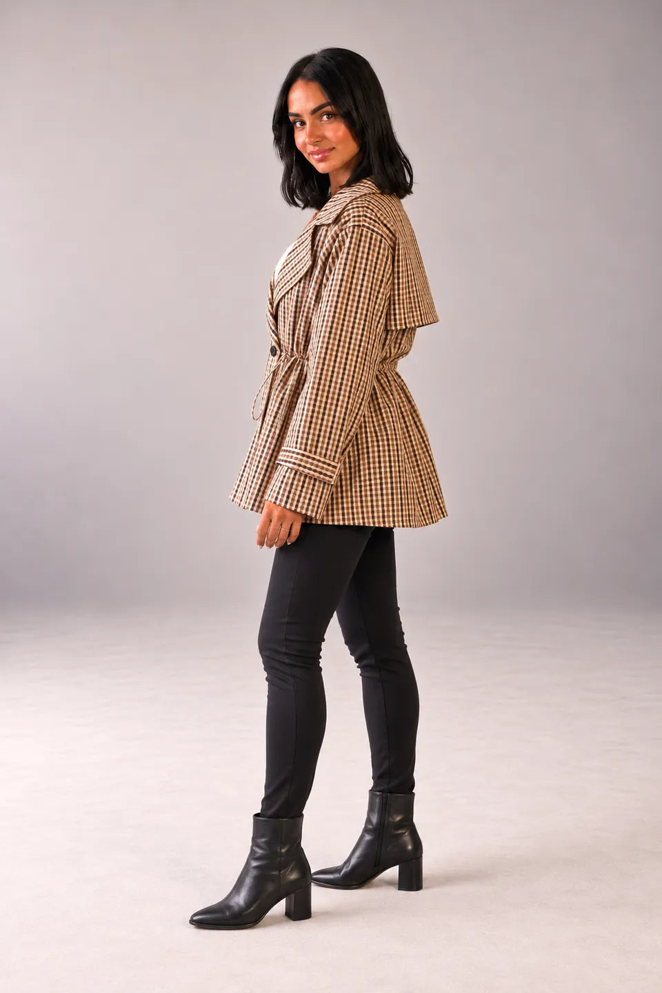 Beige Checkered Drawstring Trench Jacket