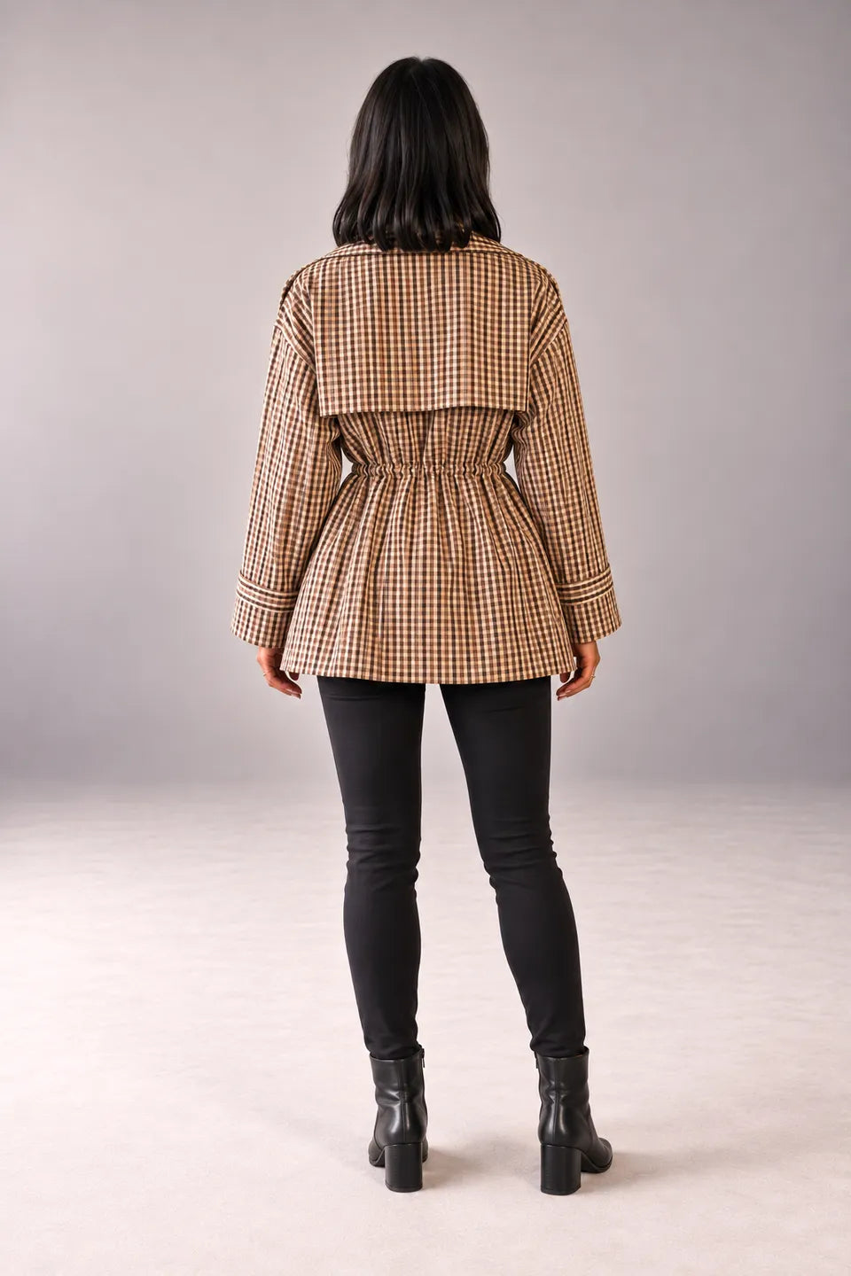Beige Checkered Drawstring Trench Jacket