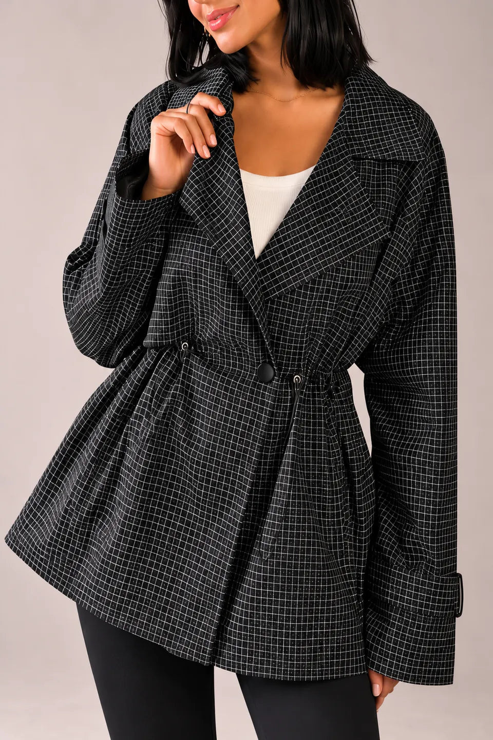 Black Checkered Drawstring Trench Jacket