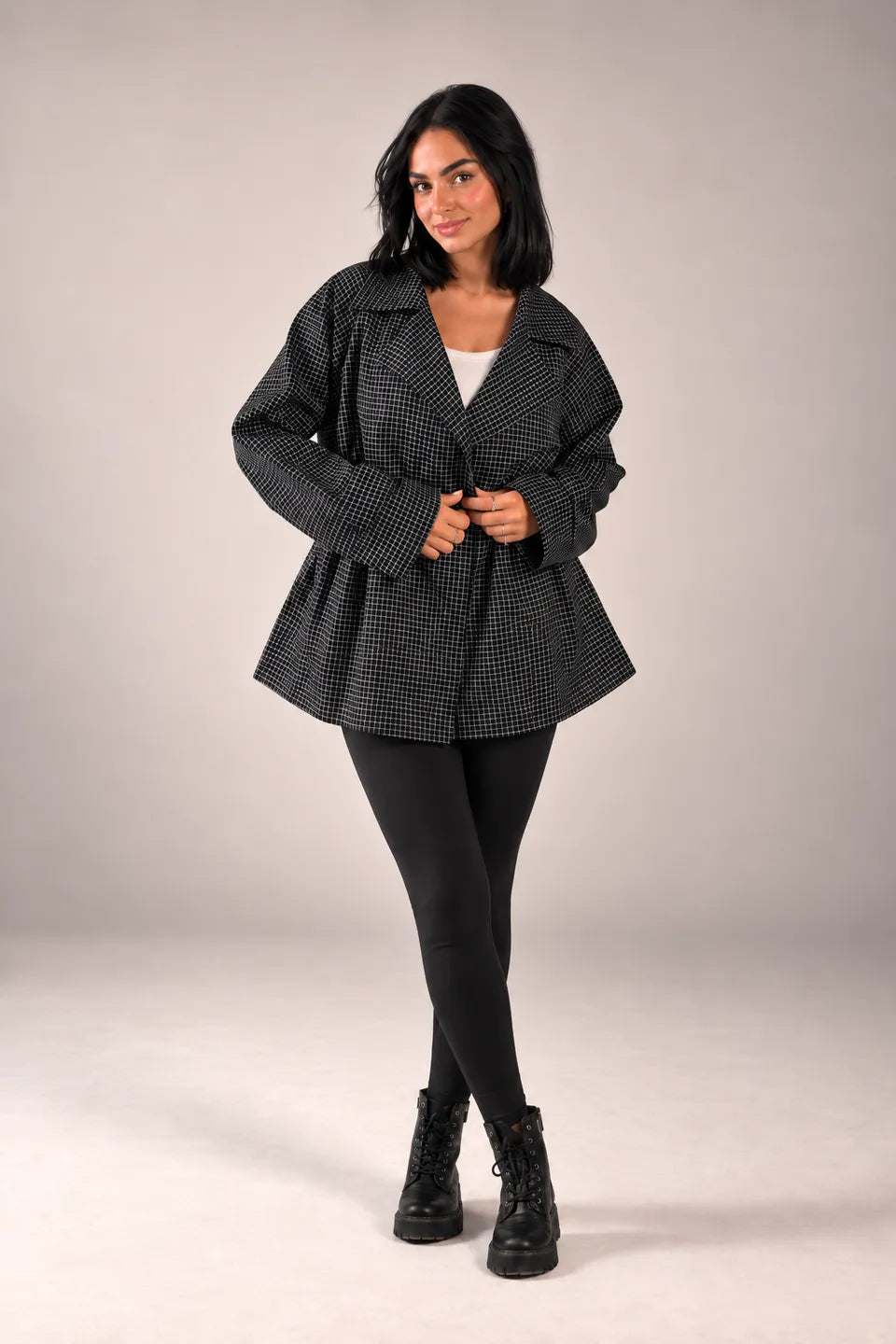 Black Checkered Drawstring Trench Jacket