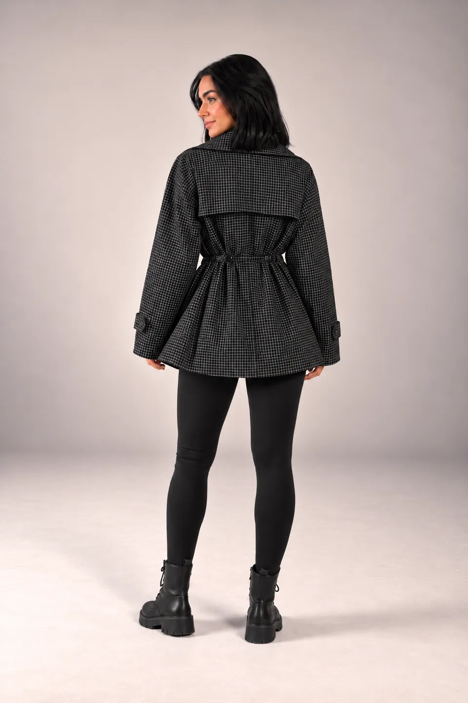 Black Checkered Drawstring Trench Jacket