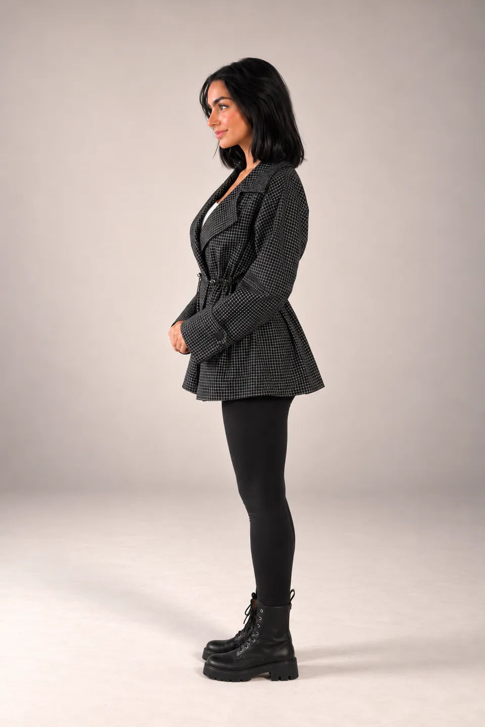 Black Checkered Drawstring Trench Jacket