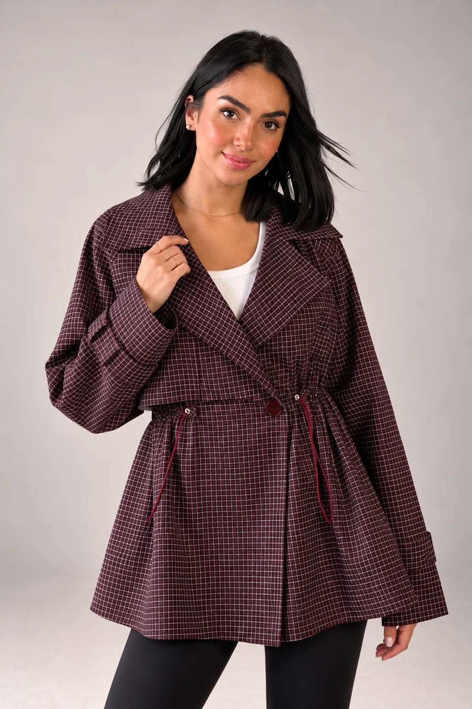 Burgundy Checkered Drawstring Trench Jacket