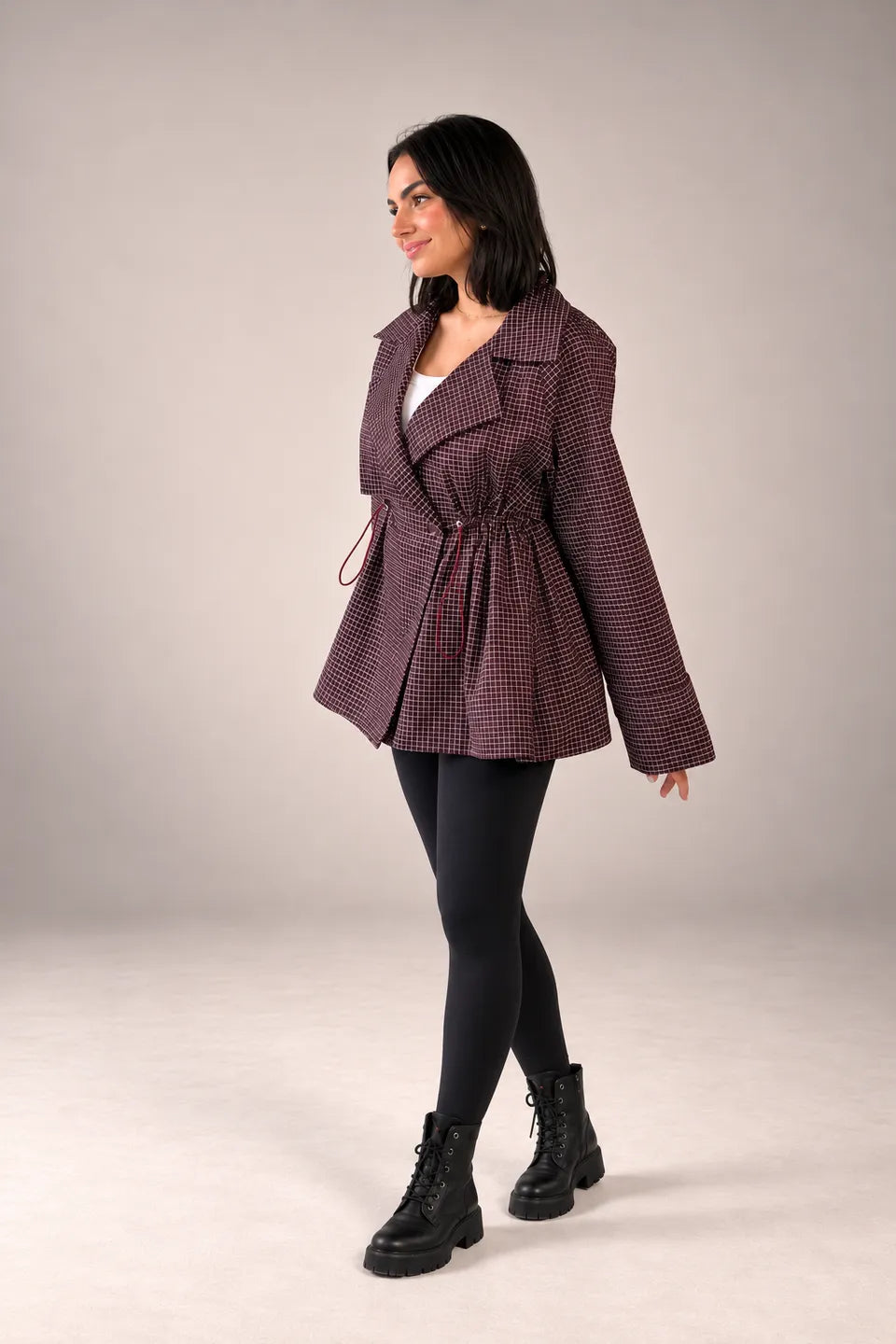 Burgundy Checkered Drawstring Trench Jacket