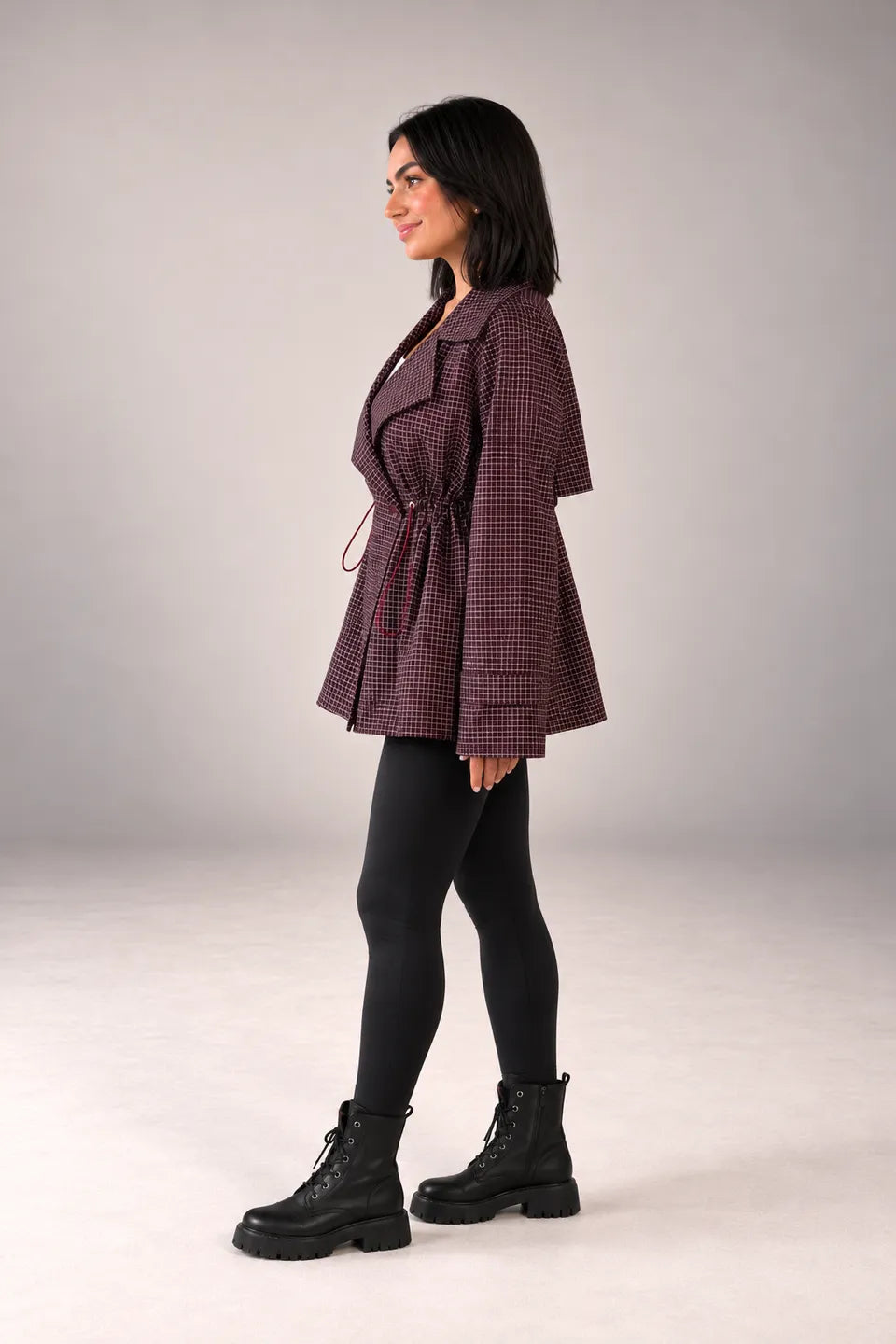 Burgundy Checkered Drawstring Trench Jacket