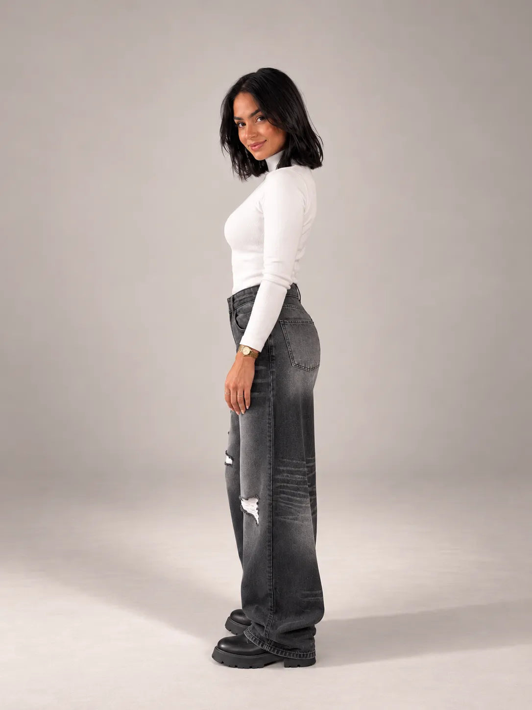 Street Style Wide-Leg Black Jeans