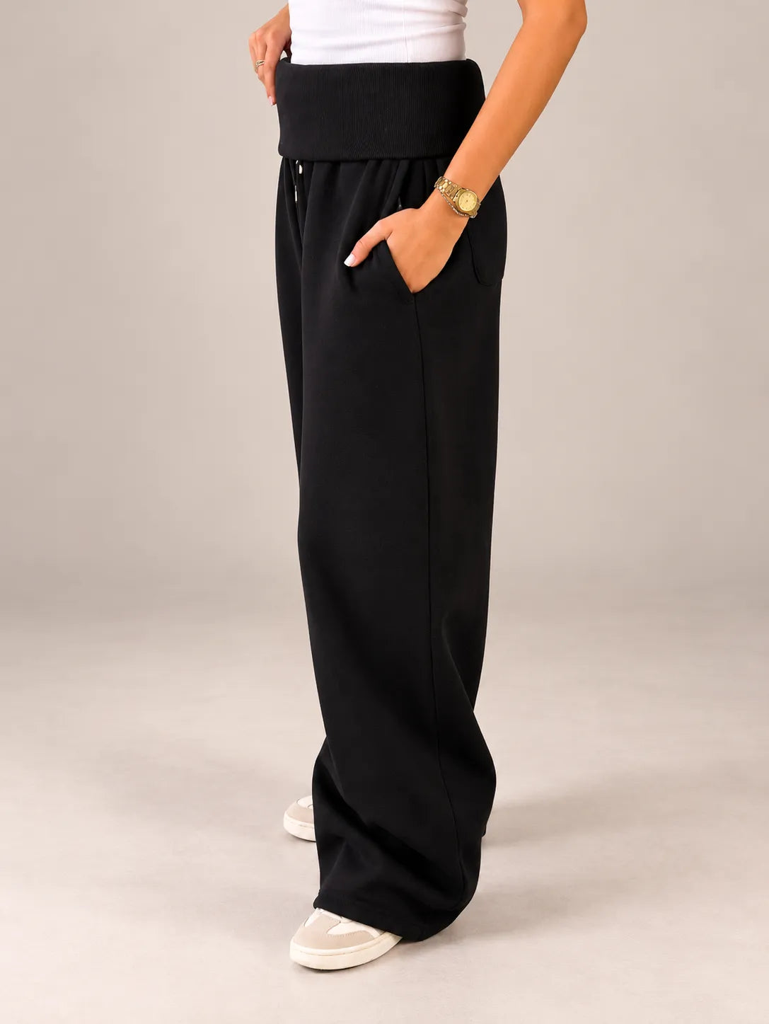 Black Melton Fold-Over Waist Wide Leg Pants