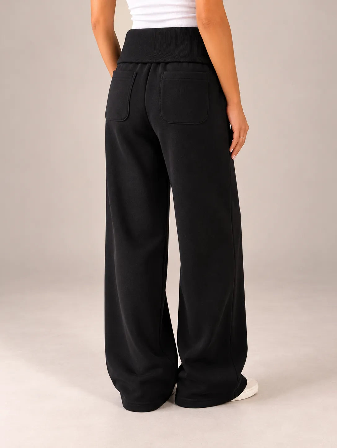 Black Melton Fold-Over Waist Wide Leg Pants