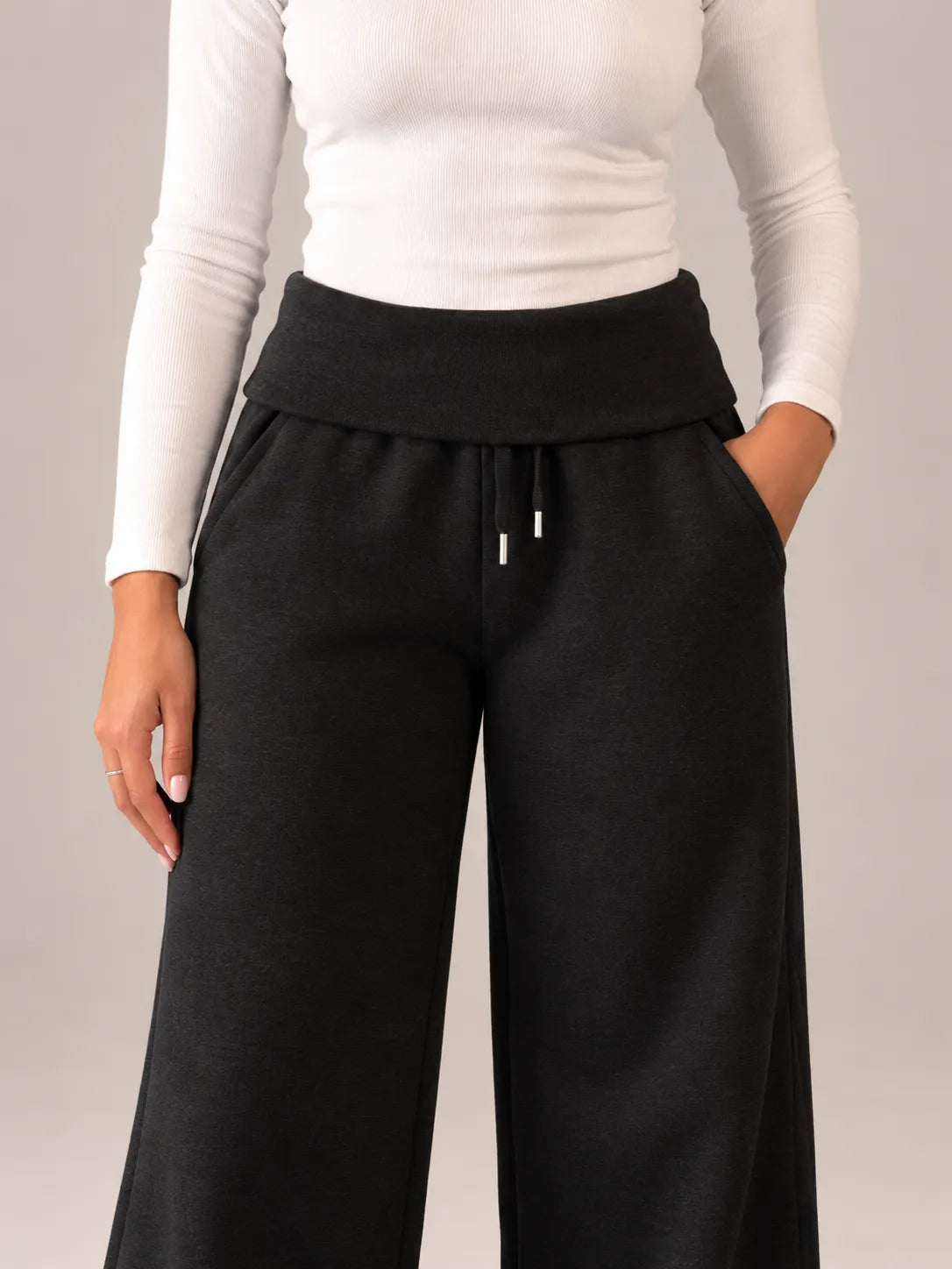 Black Melton Fold-Over Waist Wide Leg Pants