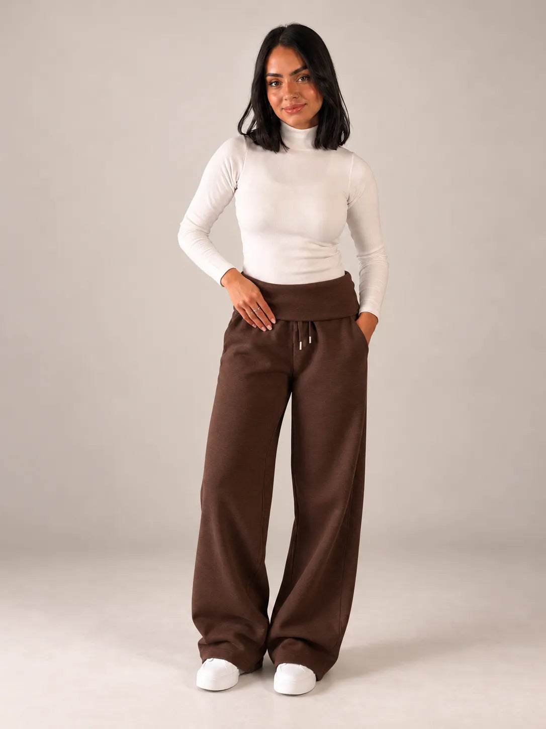 Brown Melton Fold-Over Waist Wide Leg Pants