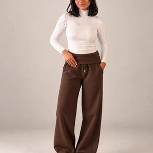 Brown Melton Fold-Over Waist Wide Leg Pants
