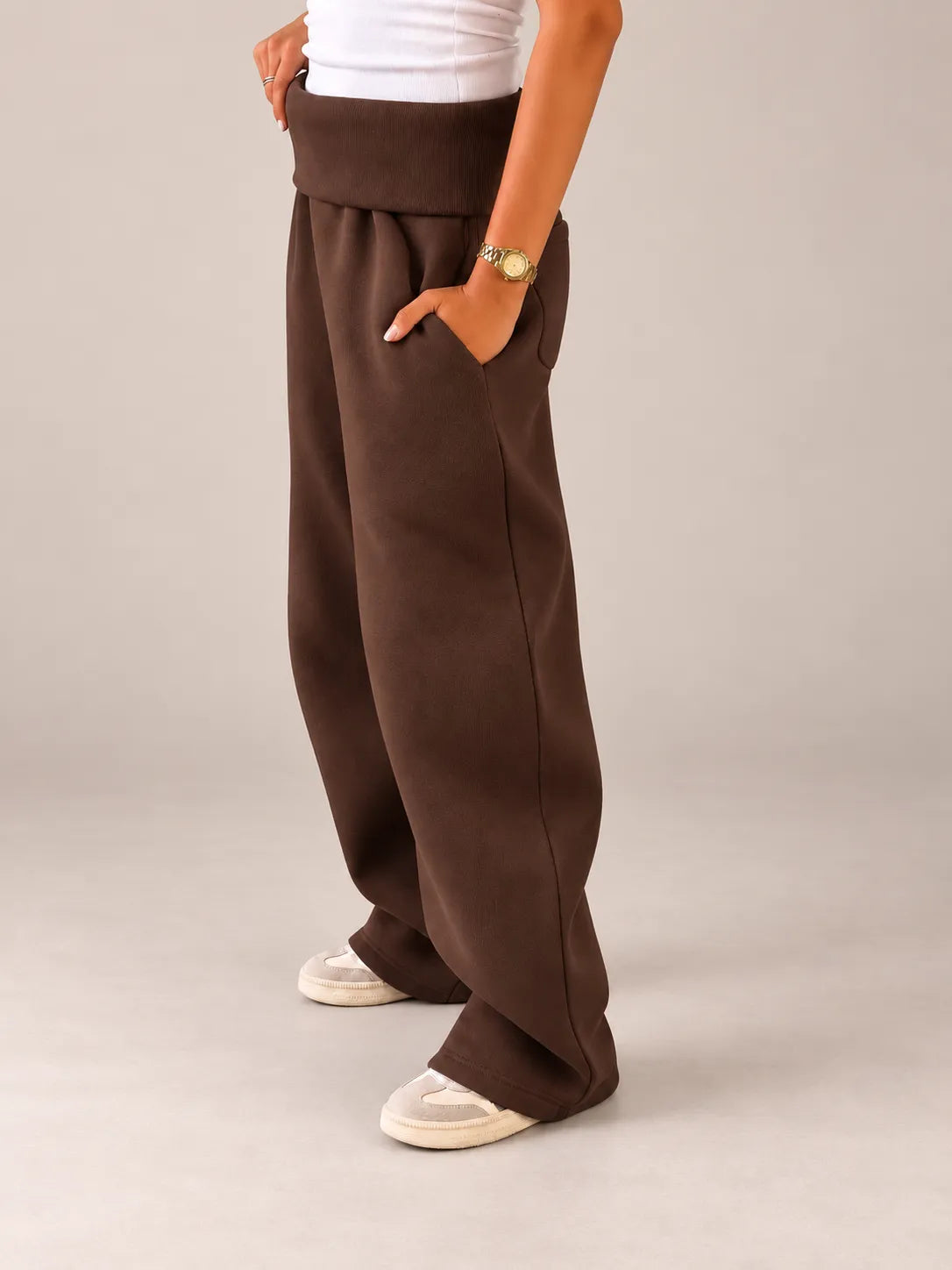 Brown Melton Fold-Over Waist Wide Leg Pants
