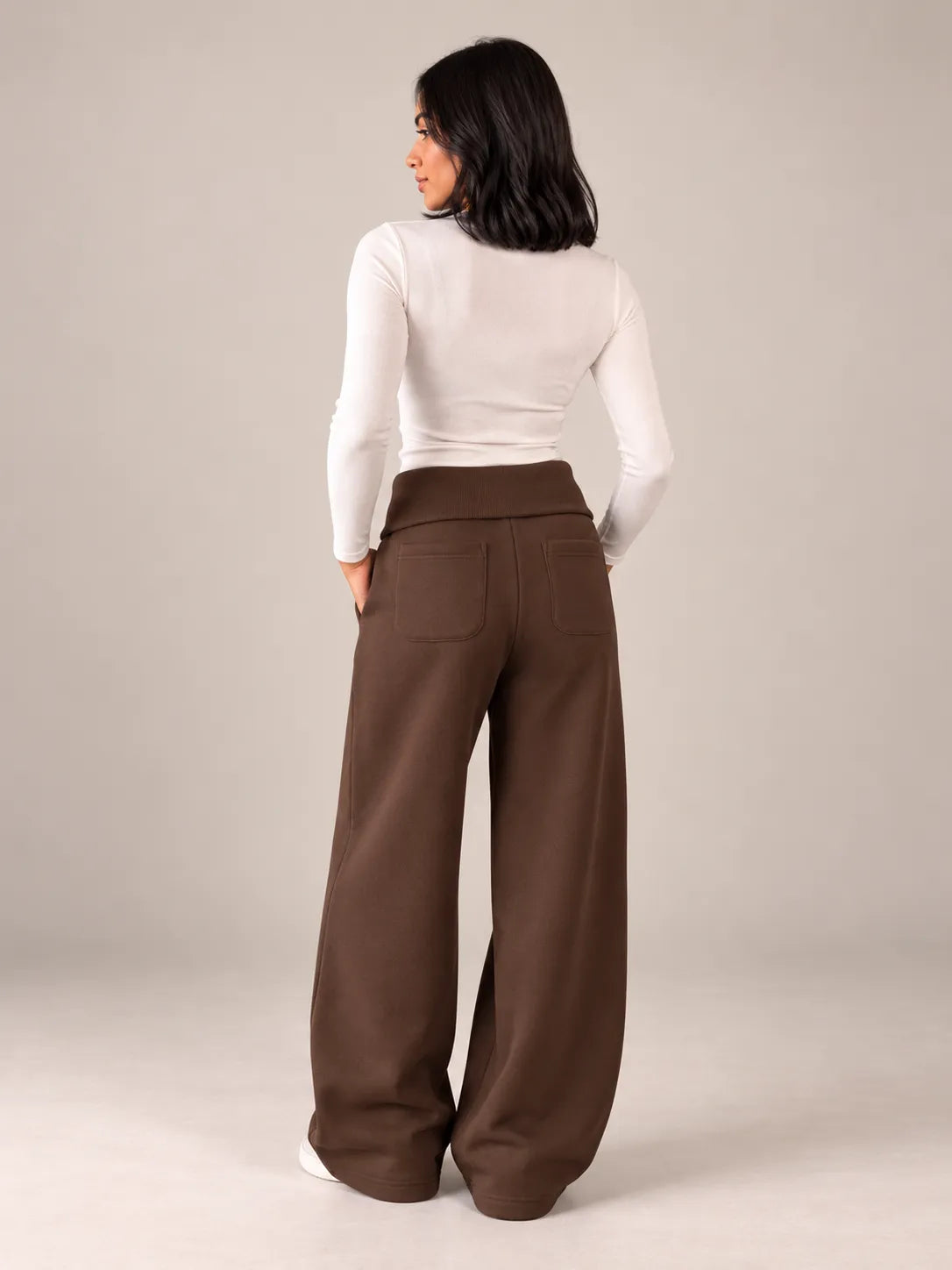 Brown Melton Fold-Over Waist Wide Leg Pants