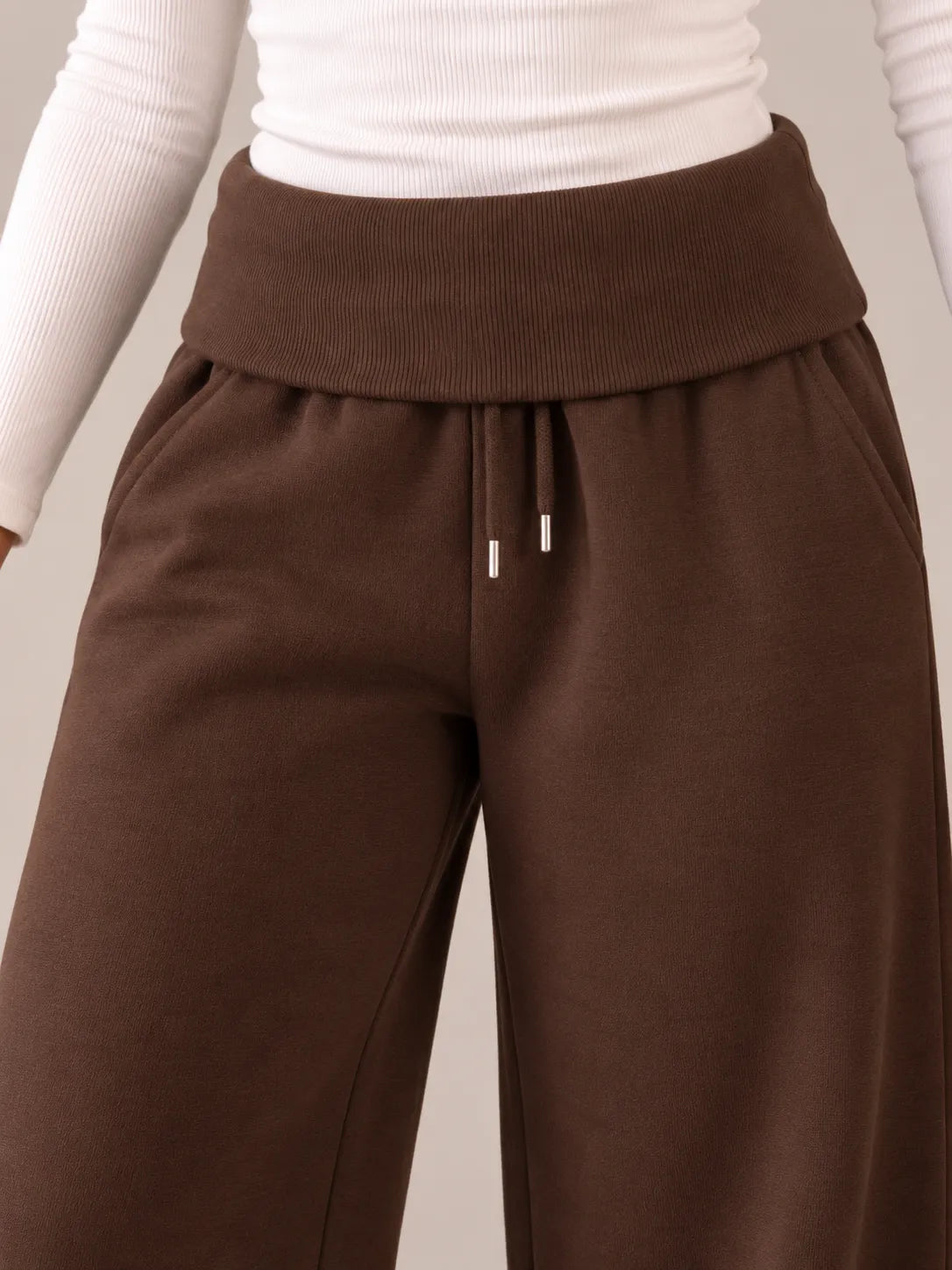 Brown Melton Fold-Over Waist Wide Leg Pants