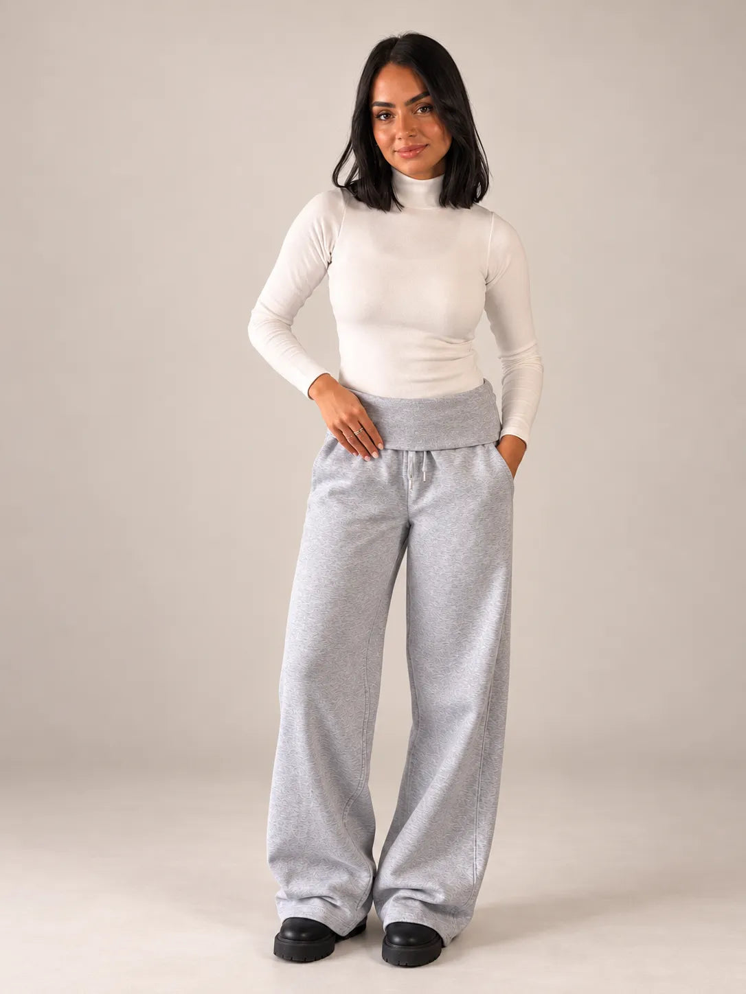 Grey Melton Fold-Over Waist Wide Leg Pants