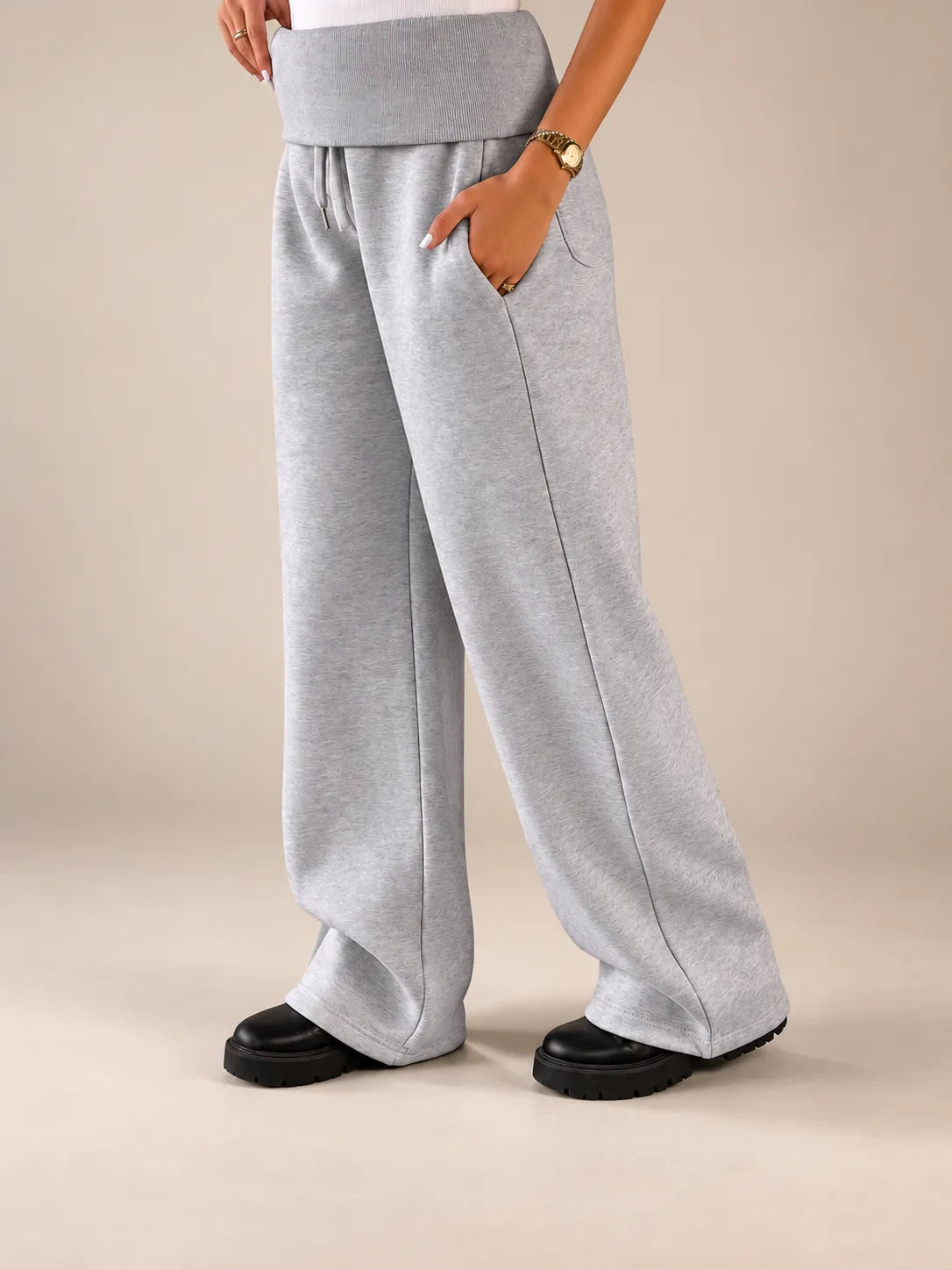 Grey Melton Fold-Over Waist Wide Leg Pants