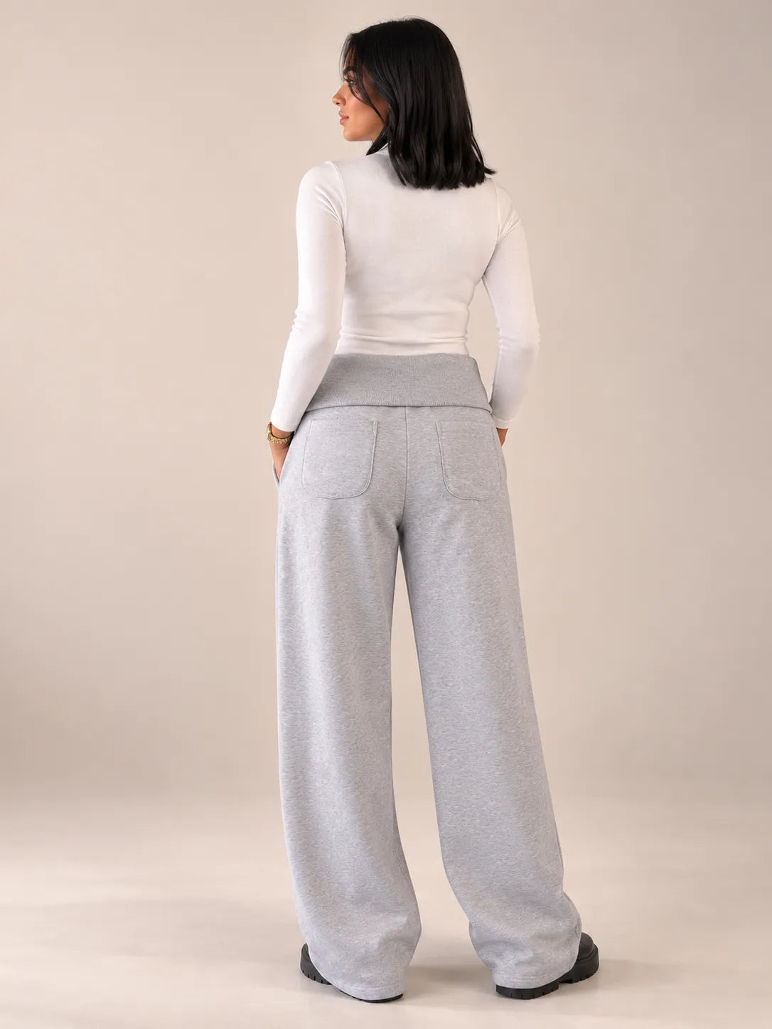 Grey Melton Fold-Over Waist Wide Leg Pants