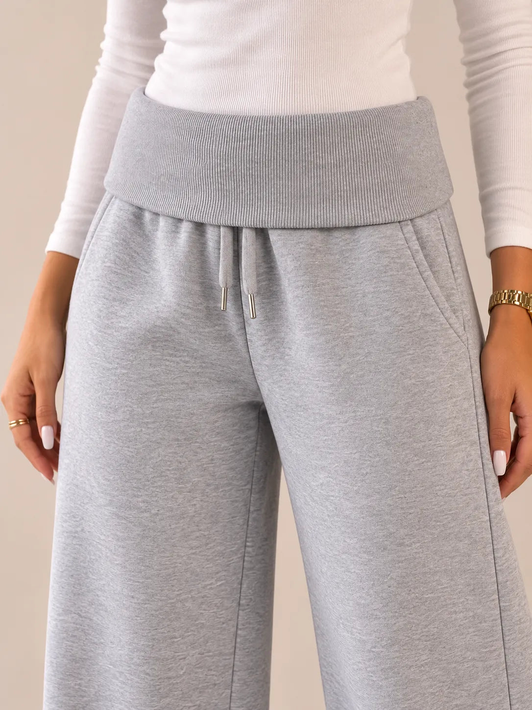 Grey Melton Fold-Over Waist Wide Leg Pants