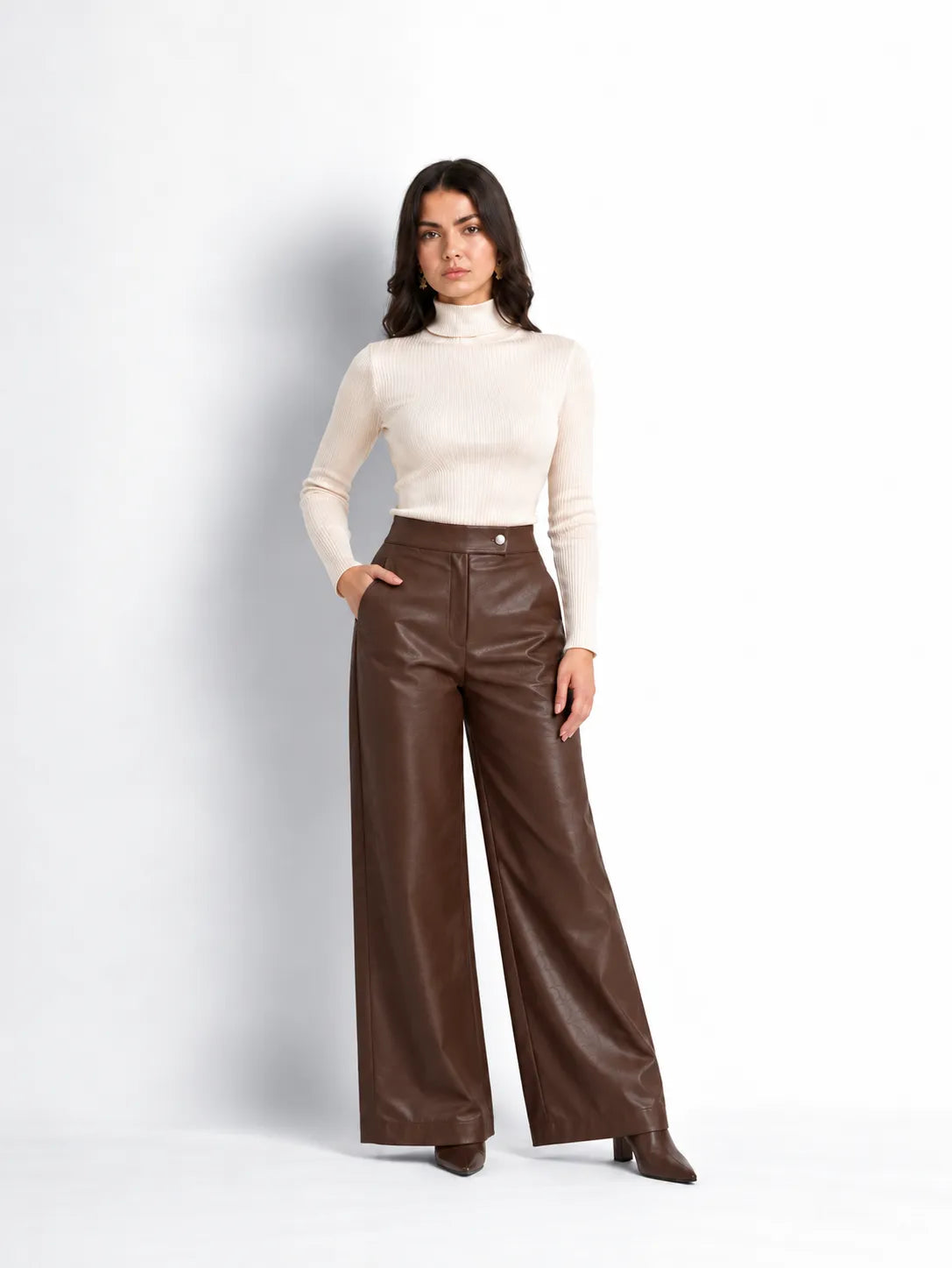 Dark Brown Faux Leather Wide-Leg Pants
