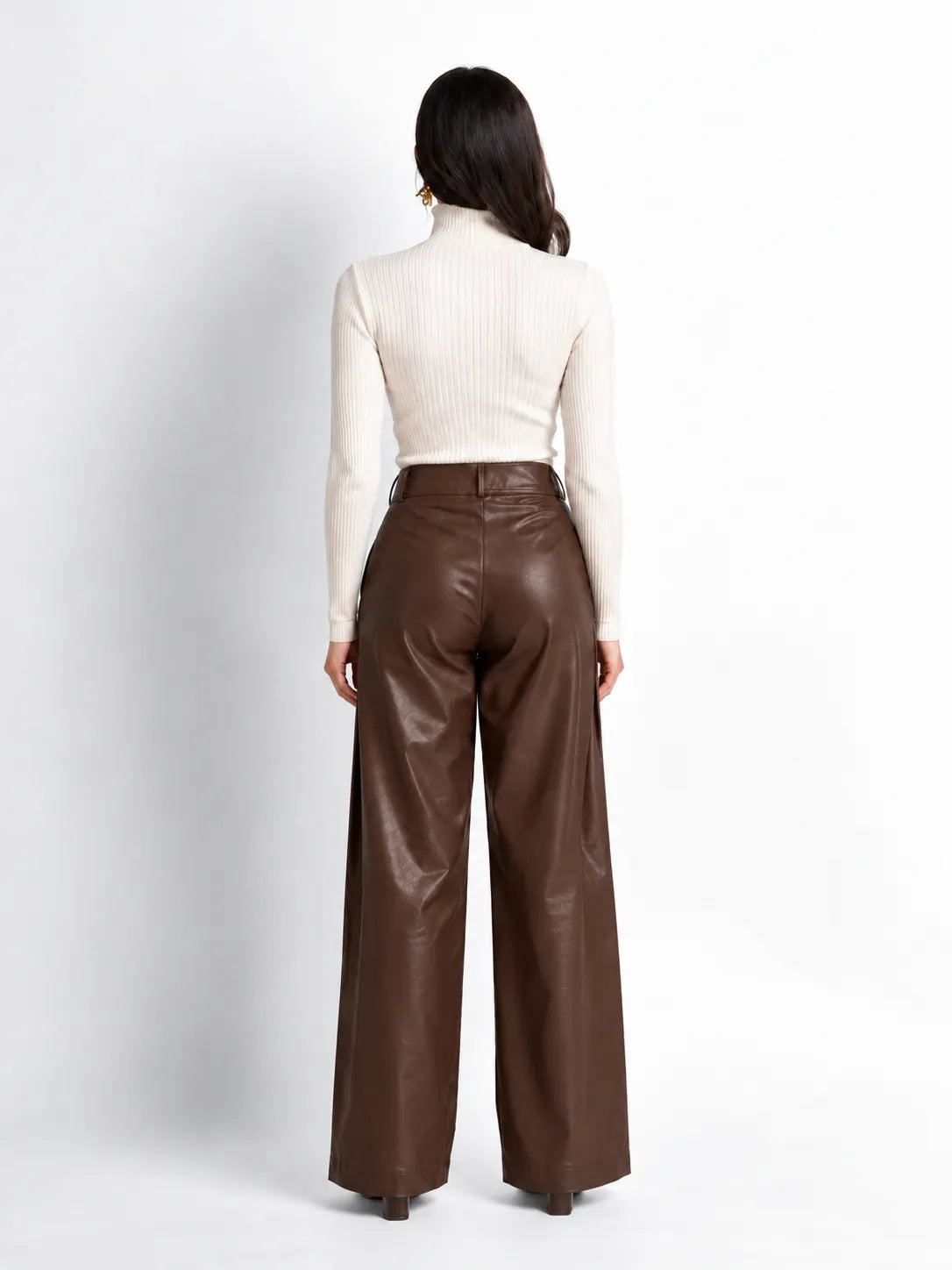 Dark Brown Faux Leather Wide-Leg Pants