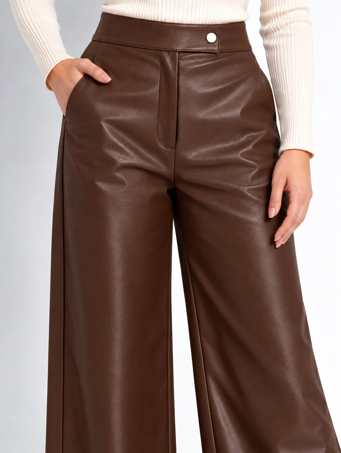 Dark Brown Faux Leather Wide-Leg Pants